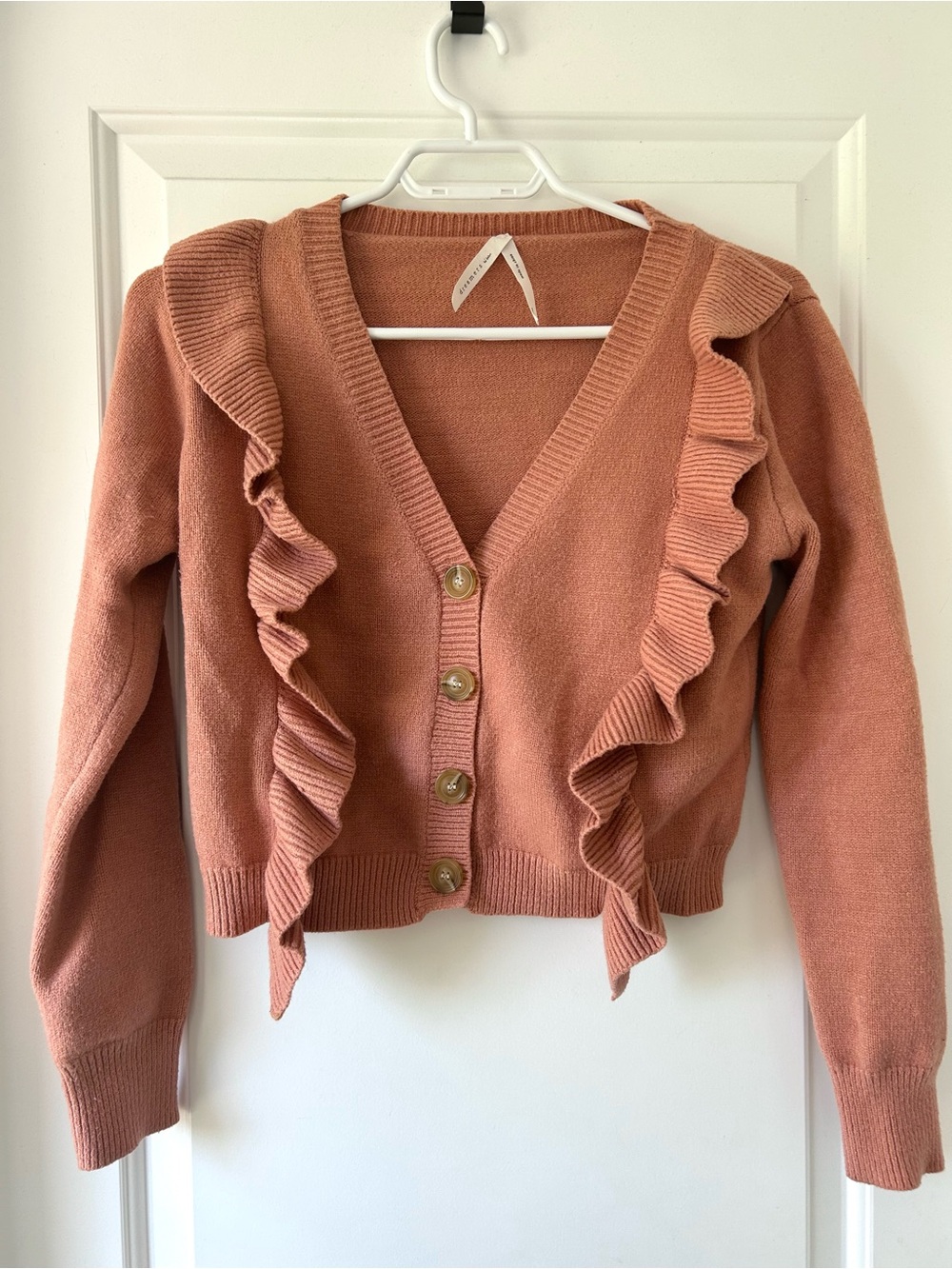 Dreamers Ruffle V-Neck Cardigan in Dusty Coral Rose